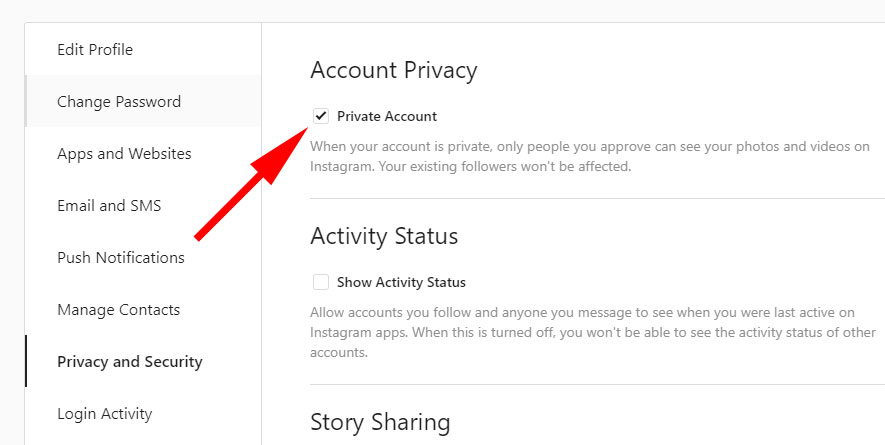 casella di controllo Account Instagram privato